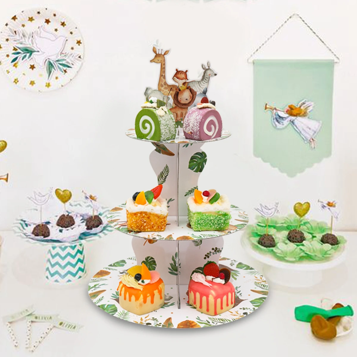 Cake Display Stand Jungle Mermaid Birthday Party Decorations Kids Dessert Holder Cake Tray Butterfly Baby Shower Cupcake Support