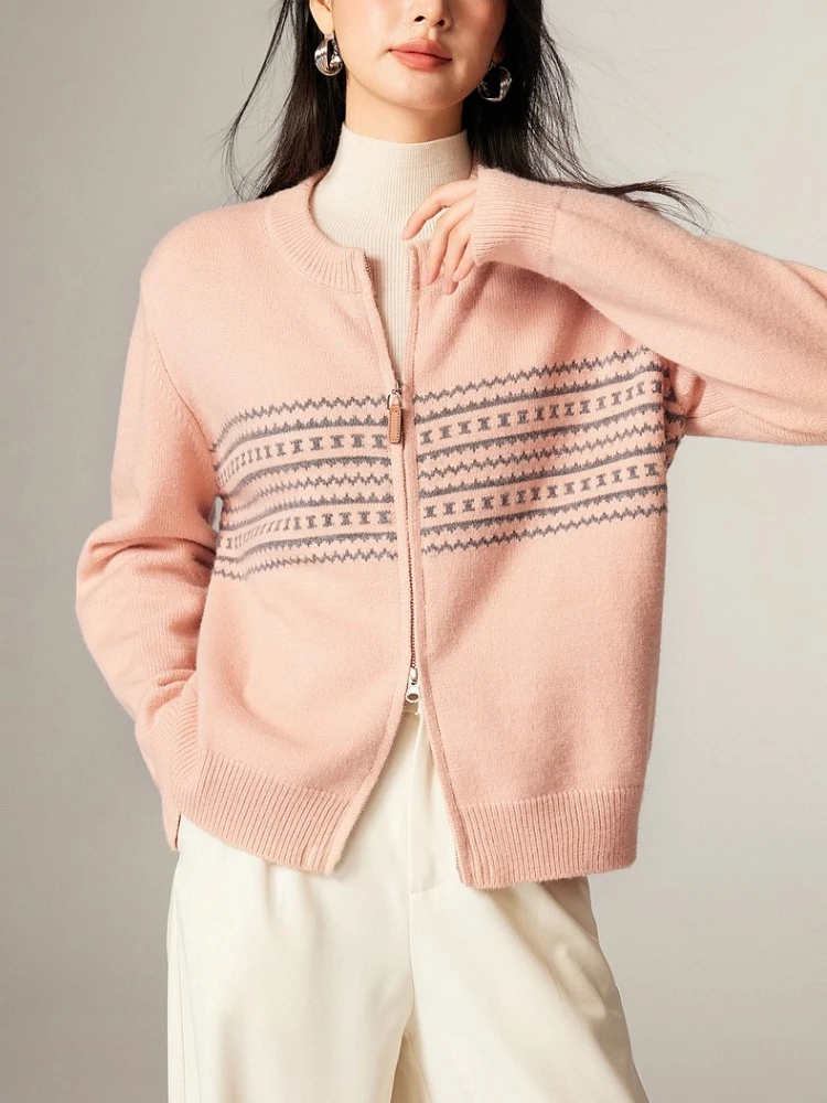 

Women's Pink Double Zipper Cardigan round Neck Jacquard Sweater Loose Fit Autumn Winter Fashion Leisure Style