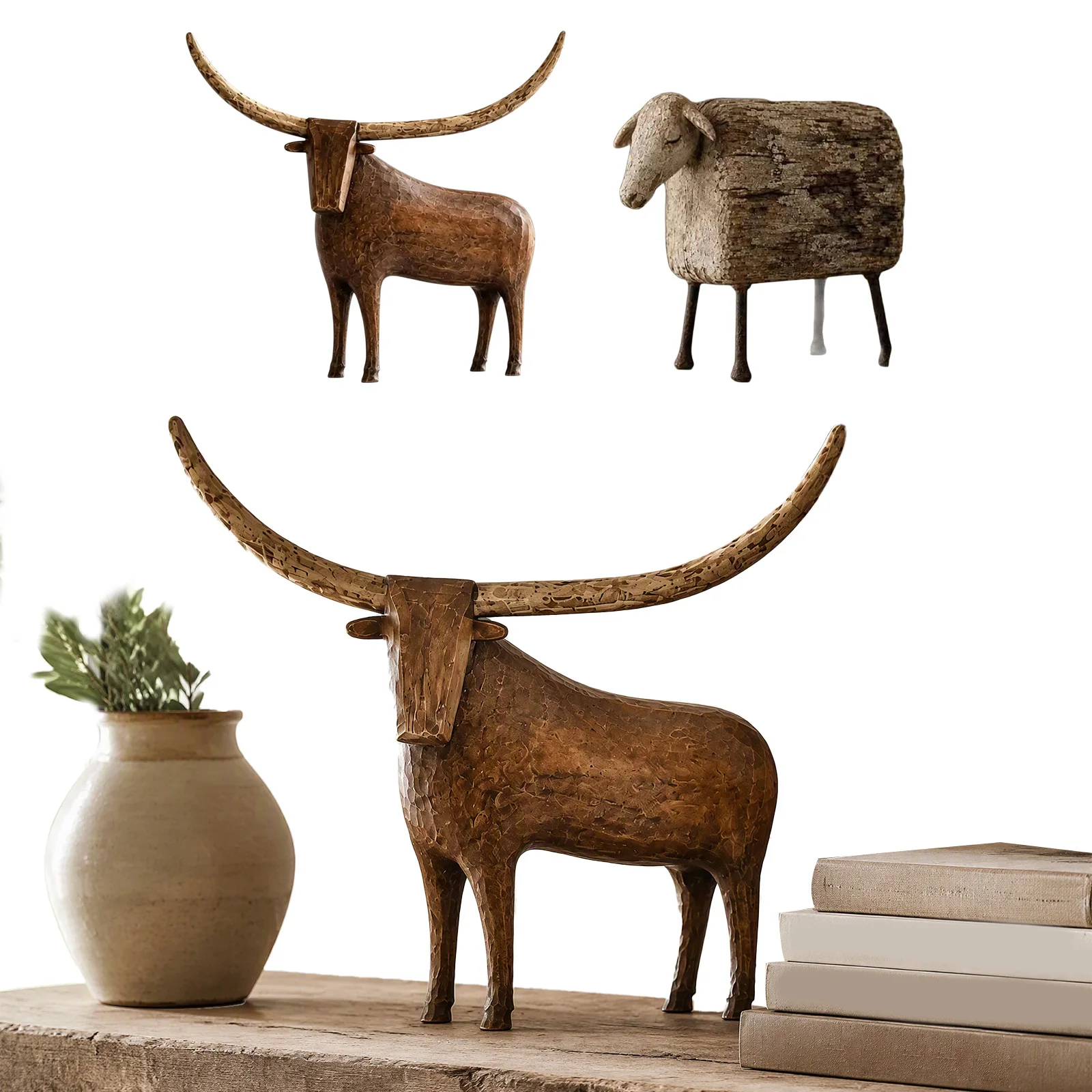 Rustic Longhorn Sculpture Resin Vintage Folk Art Figurine Western Home Decor Farmhouse Shelf Accent