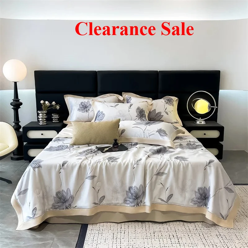 

New Summer Lyocell Washable Summer Cool Quilt Four-piece Flower Printing Hollow Edge Cool Air Conditioning Quilt Green Pink Grey