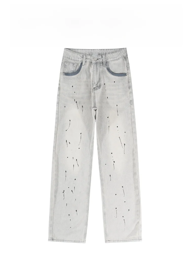 

BAIRBAOLIY New American Sle Distred Spray Ink Straight Casual Pants Vintage High Street Trendy Men's Jeans