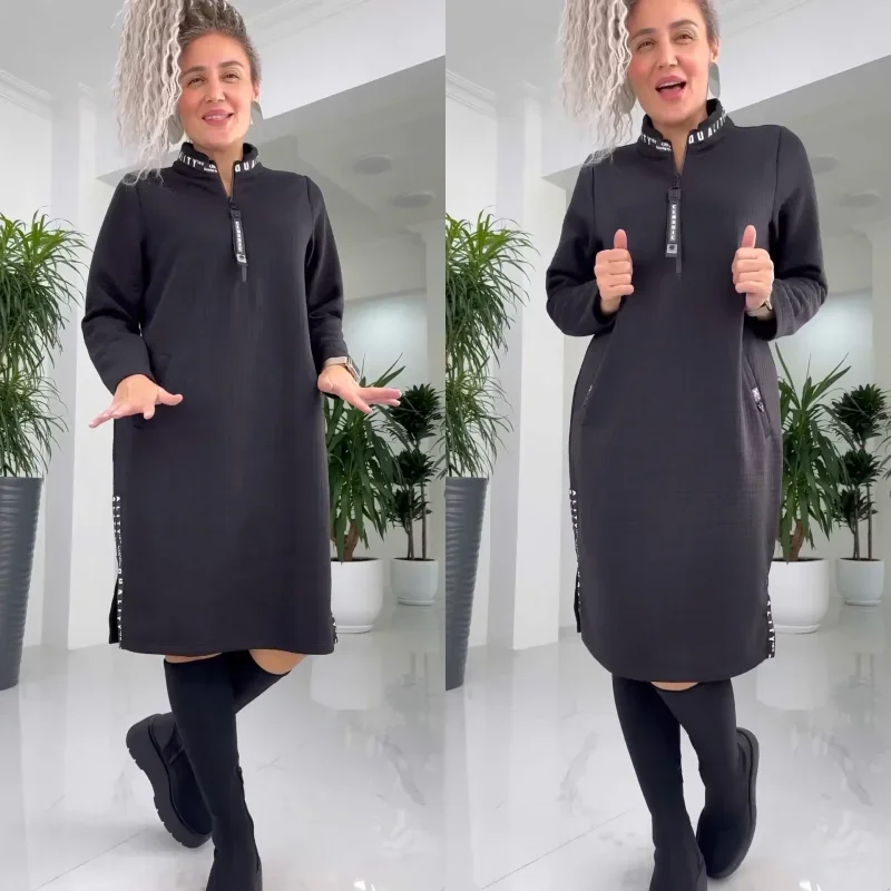 Women's Casual Loose Dress Stand Collar Zip Up Long Baggy Autumn Sweatshirts Jackets Long Sleeve Midi Sweater Dress with Pockets