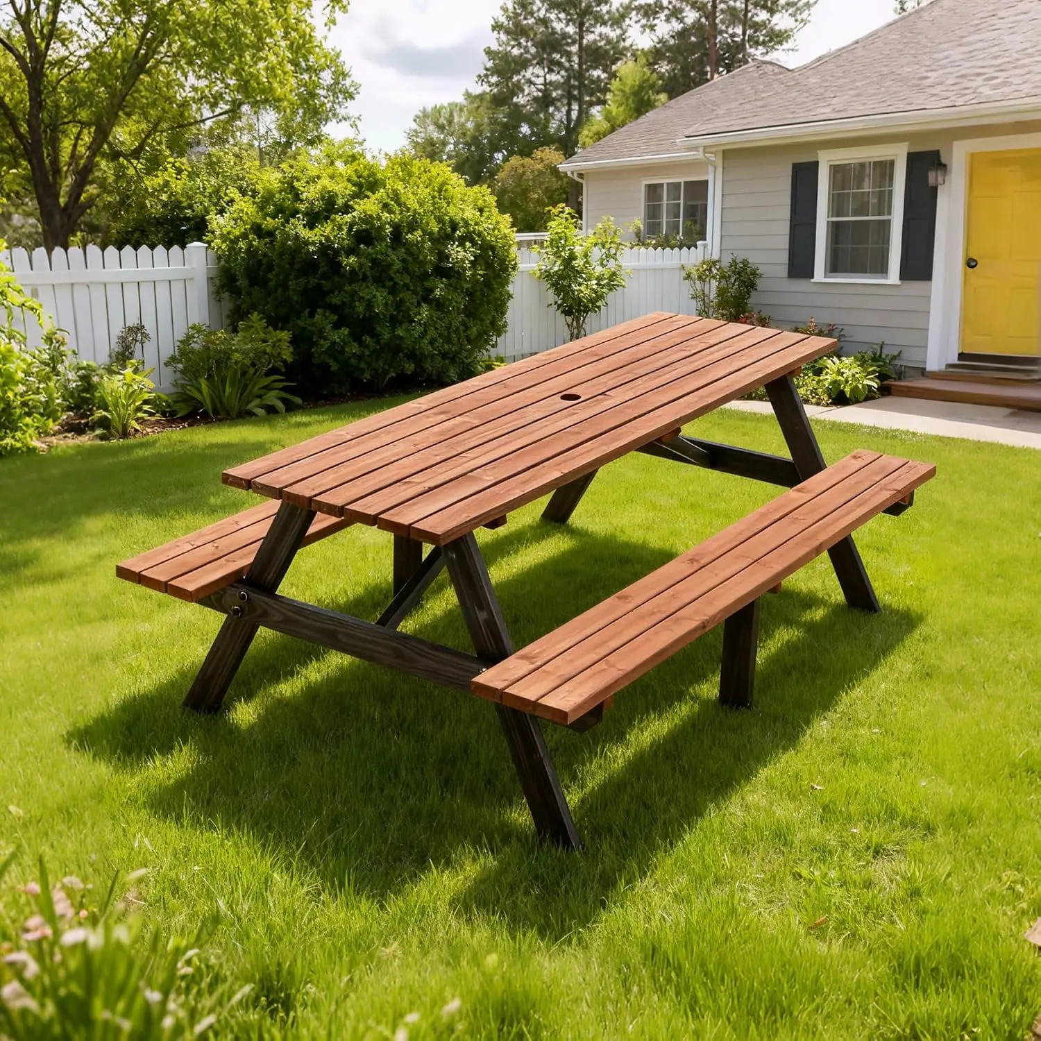 Wood Picnic Table, 75” Tabletop with Umbrella Hole, 8 Person Outdoor Wooden Picnic Table Bench Set for Patio, BBQ