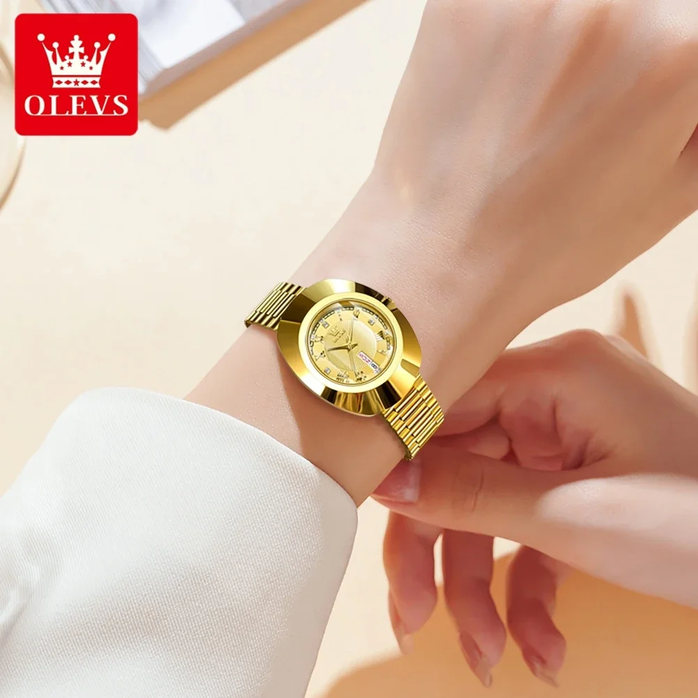 OLEVS Golden Quartz Watch for Women Fashion Elegant Tungsten Steel Case Waterproof Wristwatches Luxury Original Ladies Watch New