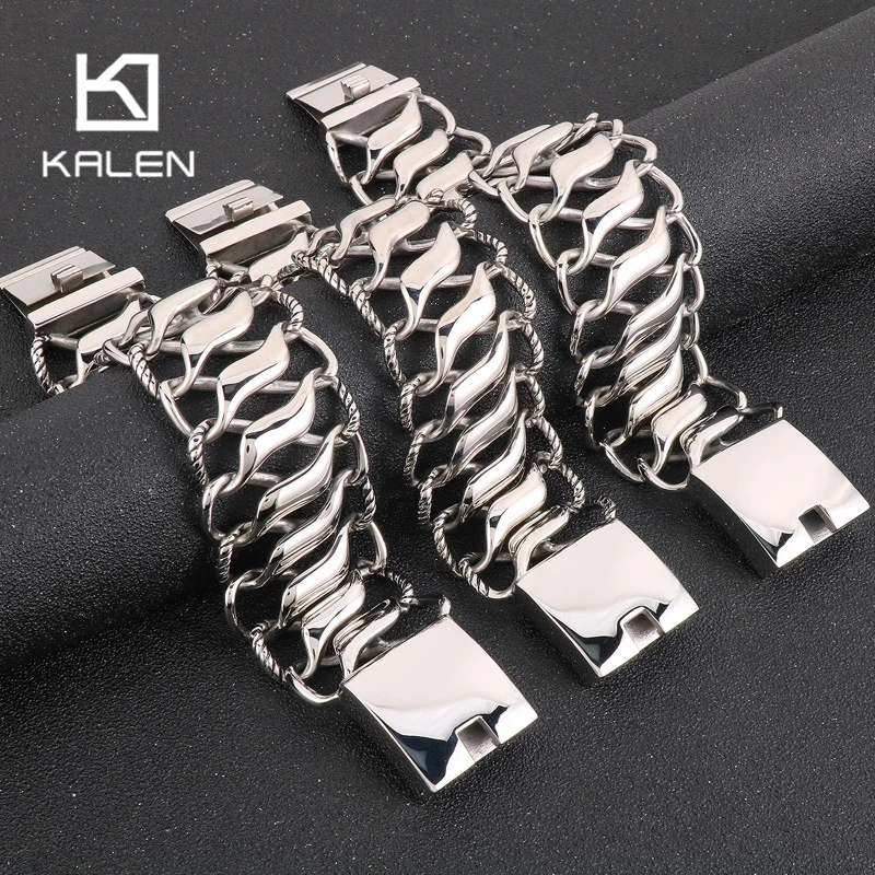 KALEN Simple Large Face Bracelet For Men Polished Big Twist Stainless Steel Jewelry Chunky Indefinite Symbol Link Chain Bracelet