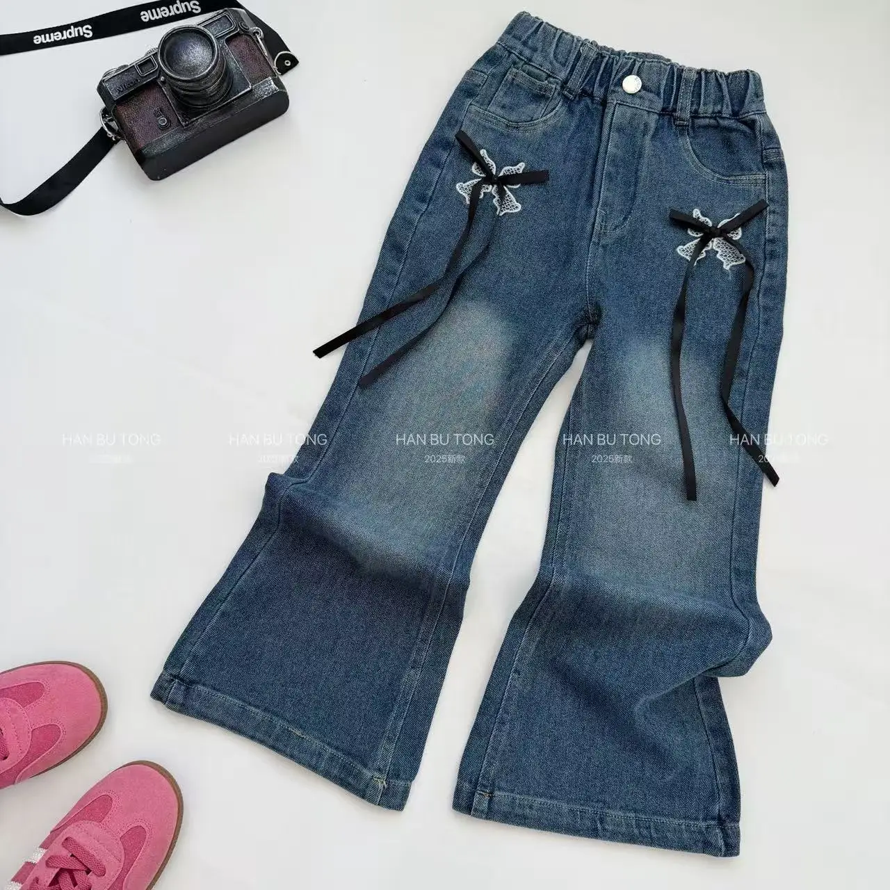 Girls Pants Jeans Spring and Autumn Clothing 2025 New Elastic Bow Micro Flared Pants Jeans