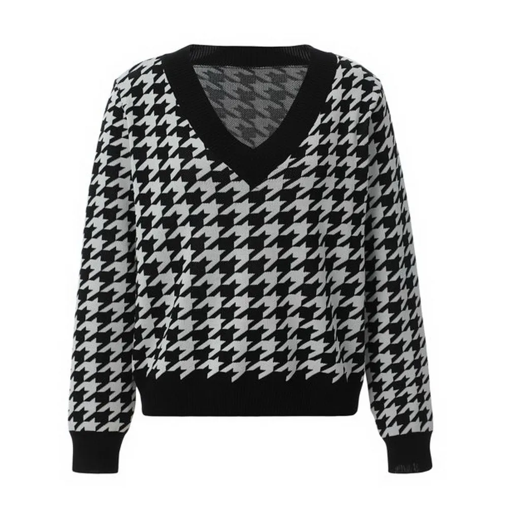 

Winter New Women's Houndstooth Pattern Long Sleeve Chic V Neck Knit Sweater Pullover