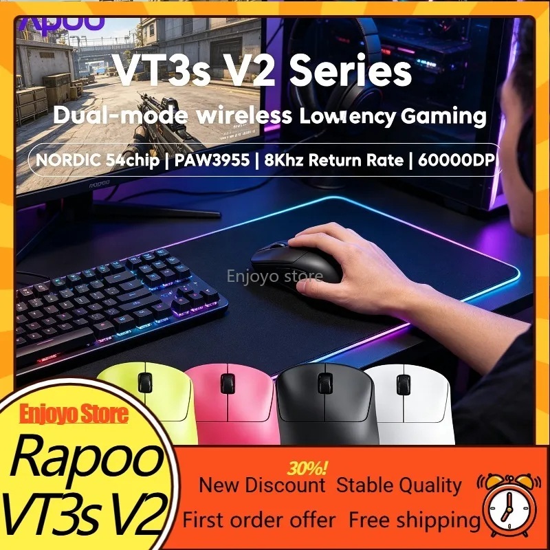 Rapoo VT3s V2 Esports Wireless Gaming Mouse PAW3955 Sensor 8K Polling Rate 60000DPI Nordic 54 Chip Dual‑Mode Mouse for PC Laptop