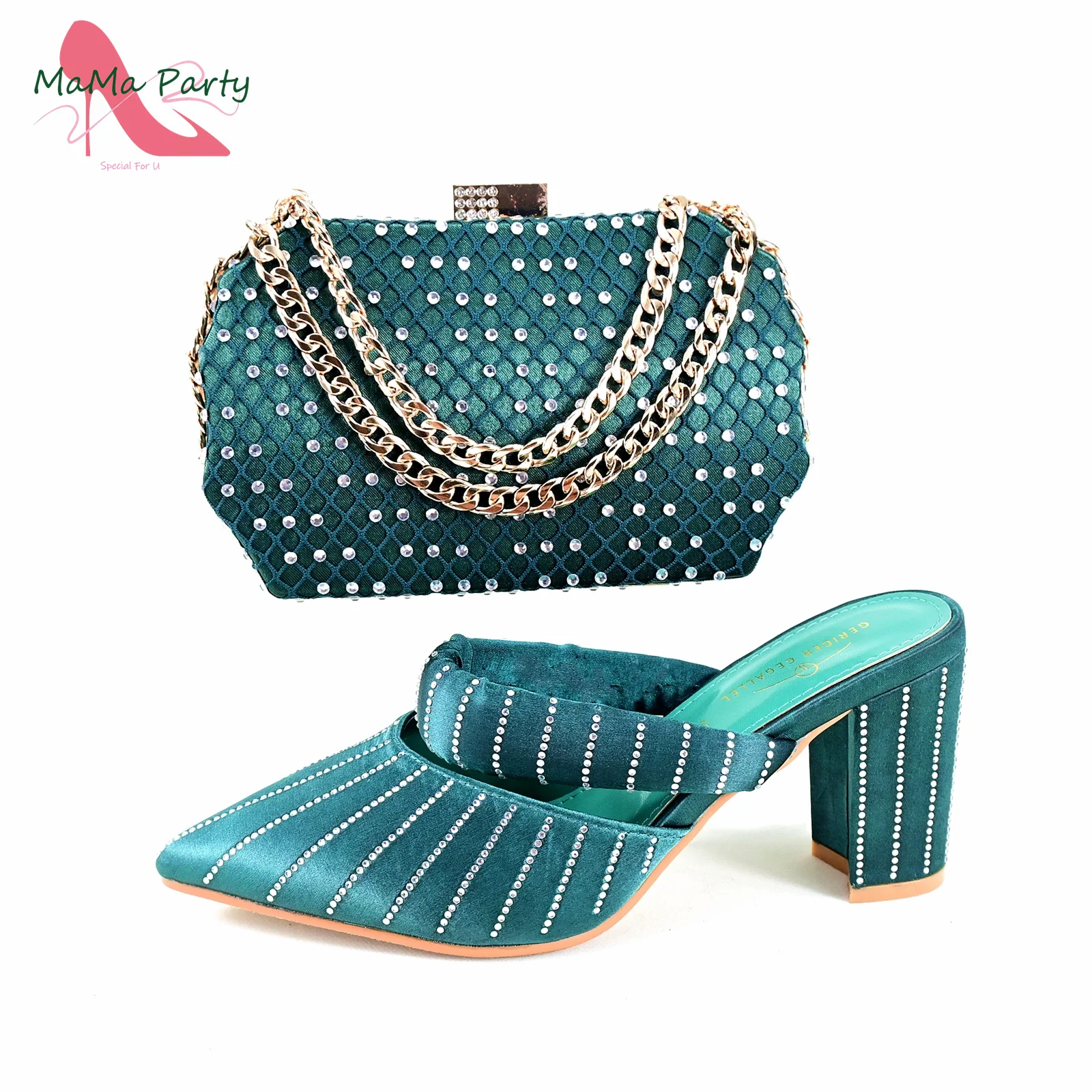 Teal Green Color Fashion Design Nigerian Shoes and Bag Set Comfortable Heels with Shinning Crystal Mature Ladies Slipper