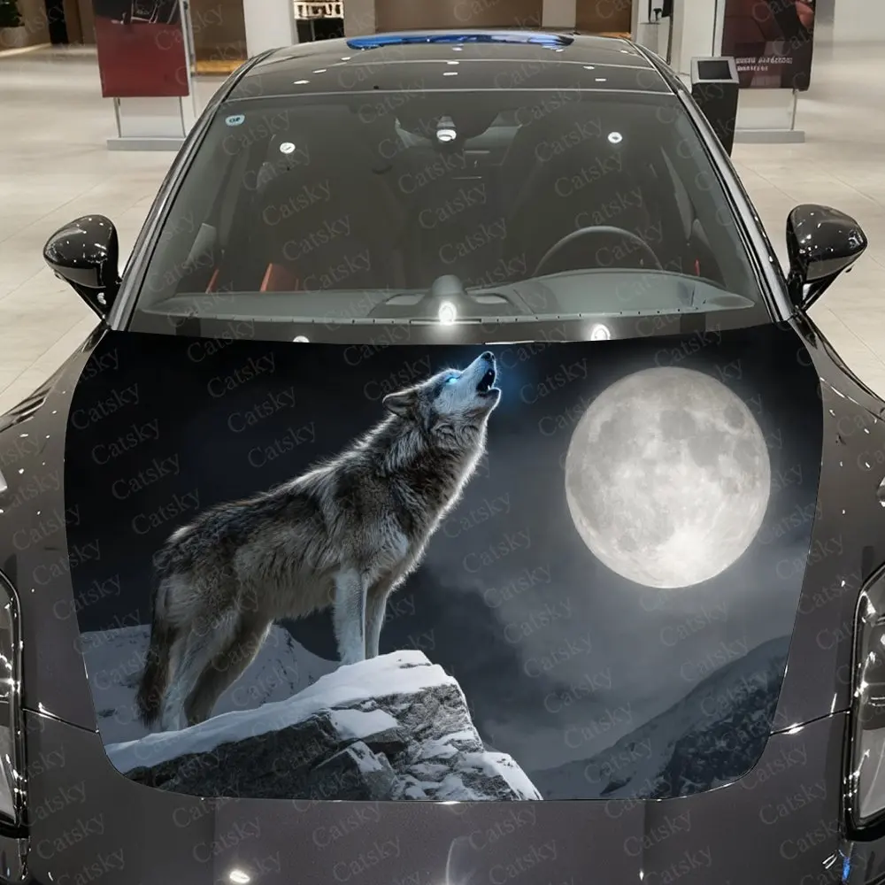 Moon Wolf in Snow Domain Car Vinyl Wrap, PVC Waterproof Car Hood Sticker, Self-Adhesive Scratch-Resistant Stickers