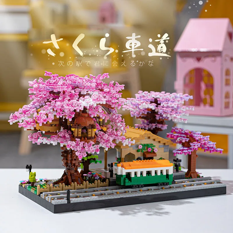 

Sakura House Tree Trains Station Building Blocks Cheer Flowers City Street View Micro Assemble Bricks Collection Adult Toys Gift