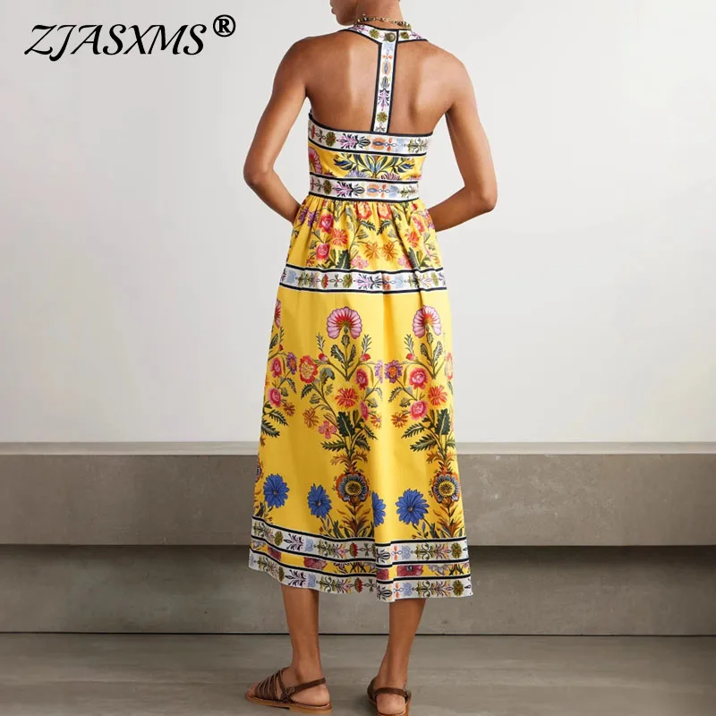 Abito lungo Boho con scollo quadrato sexy Abito lungo elegante a pieghe senza schienale A-Line Mujer Abito con stampa vintage Tasca Halter Abiti da vacanza