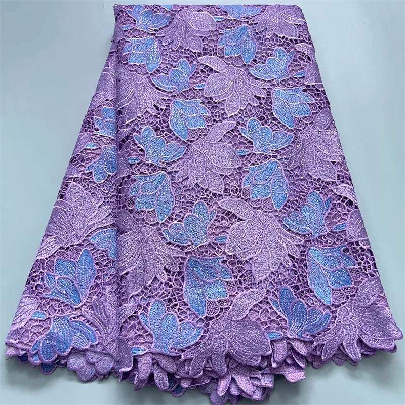 Purple Nigerian Guipure Cord Lace Fabric 2024 High Quality 5 Yards Water Soluble African Lace Fabric Party Dress for Women A3844