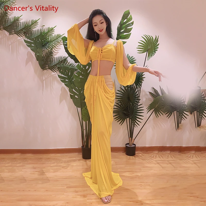 Belly Dance Practice Clothes for Women Belly Dancing Palace Style Long Sleeves Top+skirt 2pcs Female Oriental Performance Outfit