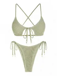 ZAFUL Women's Spaghetti Strap Criss Cross Tie Cut Out Fishnet Shell Decor Star Shaped Tie Side Tanga String Two Piece Bikini Swi