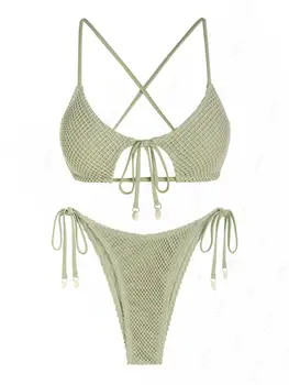 ZAFUL Damski pasek Spaghetti Criss Cross Tie Cut Out Fishnet Shell Decor Star Shaped Tie Side Tanga String Dwuczęściowe bikini Swi