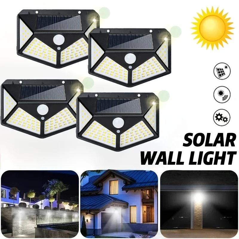 1-4PCS Smart Solar LED Wall Lights 100 LED Motion Sensor Outdoor Waterproof,Solar Charging Security Wall Lamp,Courtyard Garden