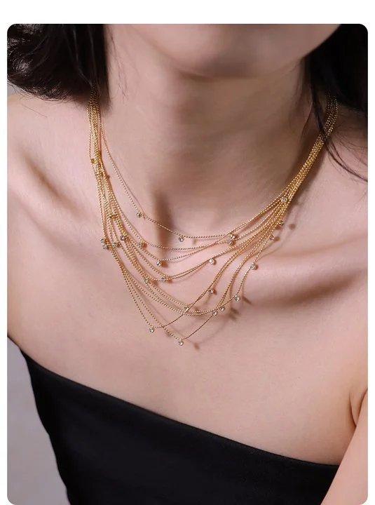 Fashion Unique Multi-layers Stainless Steel Full Zircon Gold Strand Choker 45cm Top Quality Diamond Necklace Waterproof Jewelry