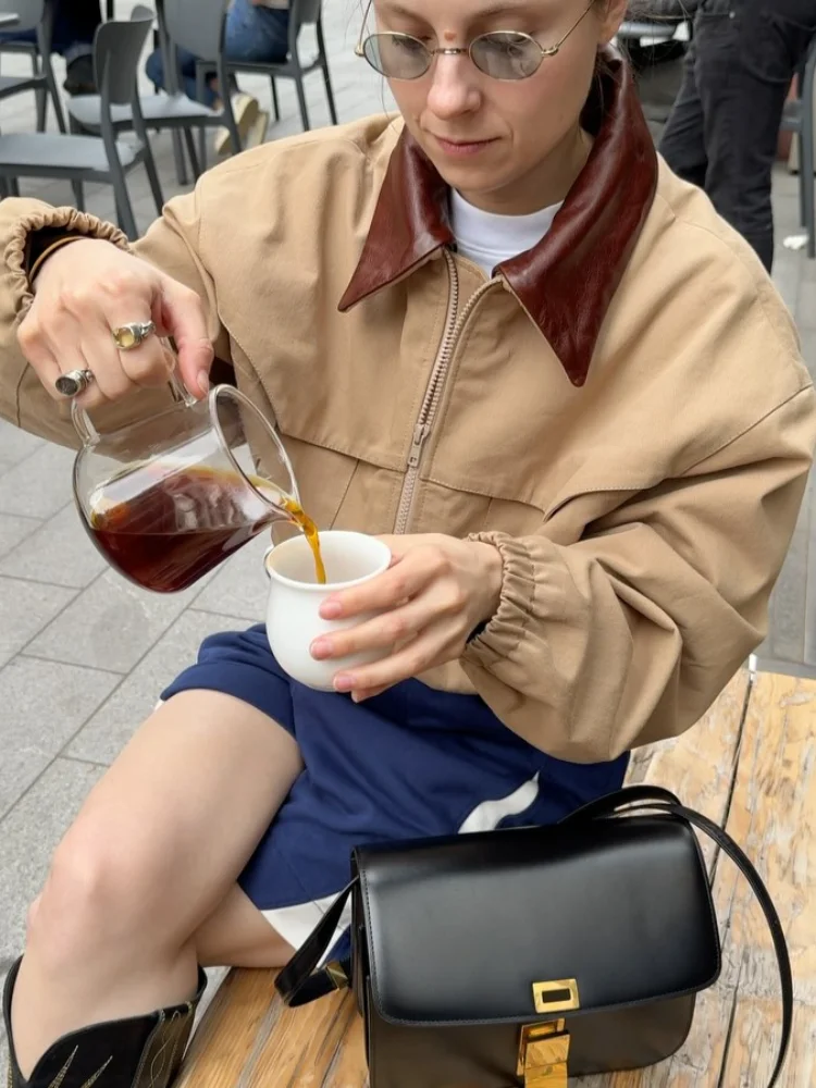 

Lady's Lapel Splicing Jackets With Cinch Waist 2025 Casual Loose Coats For Autumn Chic Zipper Leather Collar Lady Short Coats