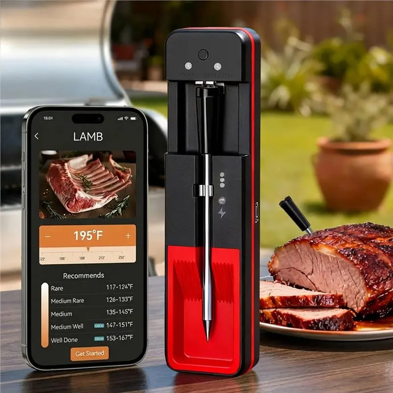 PZHI-Smart Wireless Oven Thermometer 572℉ Stainless Steel Probe, 900Ft Bluetooth Range Oven-Safe For Juicy Meat