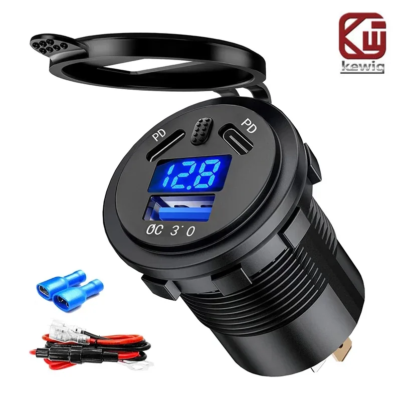 Kewig 108W 3-Ports Car Charger Socket Dual 45W PD & 18W QC3.0 with LED Voltmeter Switch for 12V/24V Car Boat Marine Motorcycle