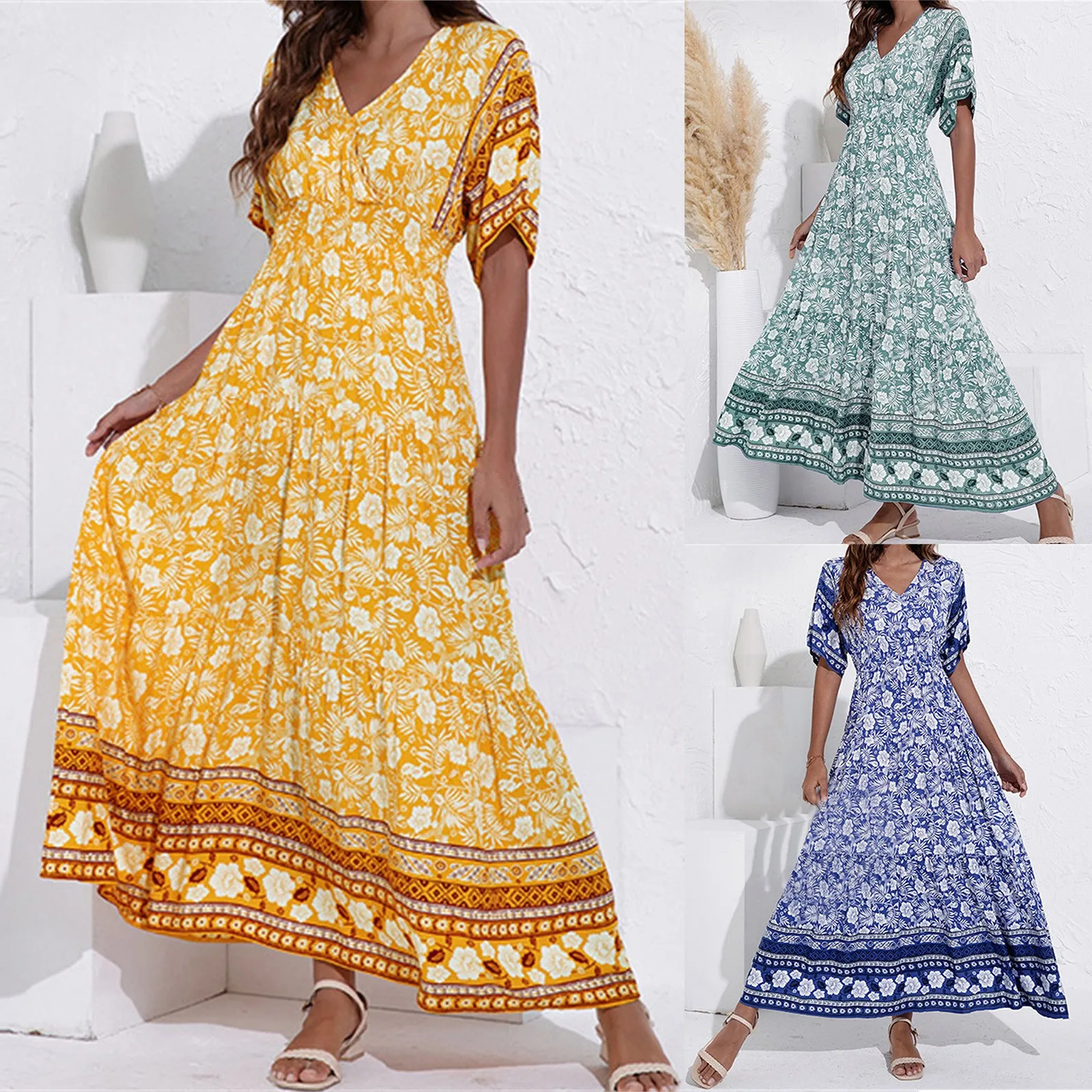 Boho Loose Swing Dresses For Fall Womens V Neck Floral Printed Long Dress Short Sleeve Tunic Waist Bohemian Party Vestido