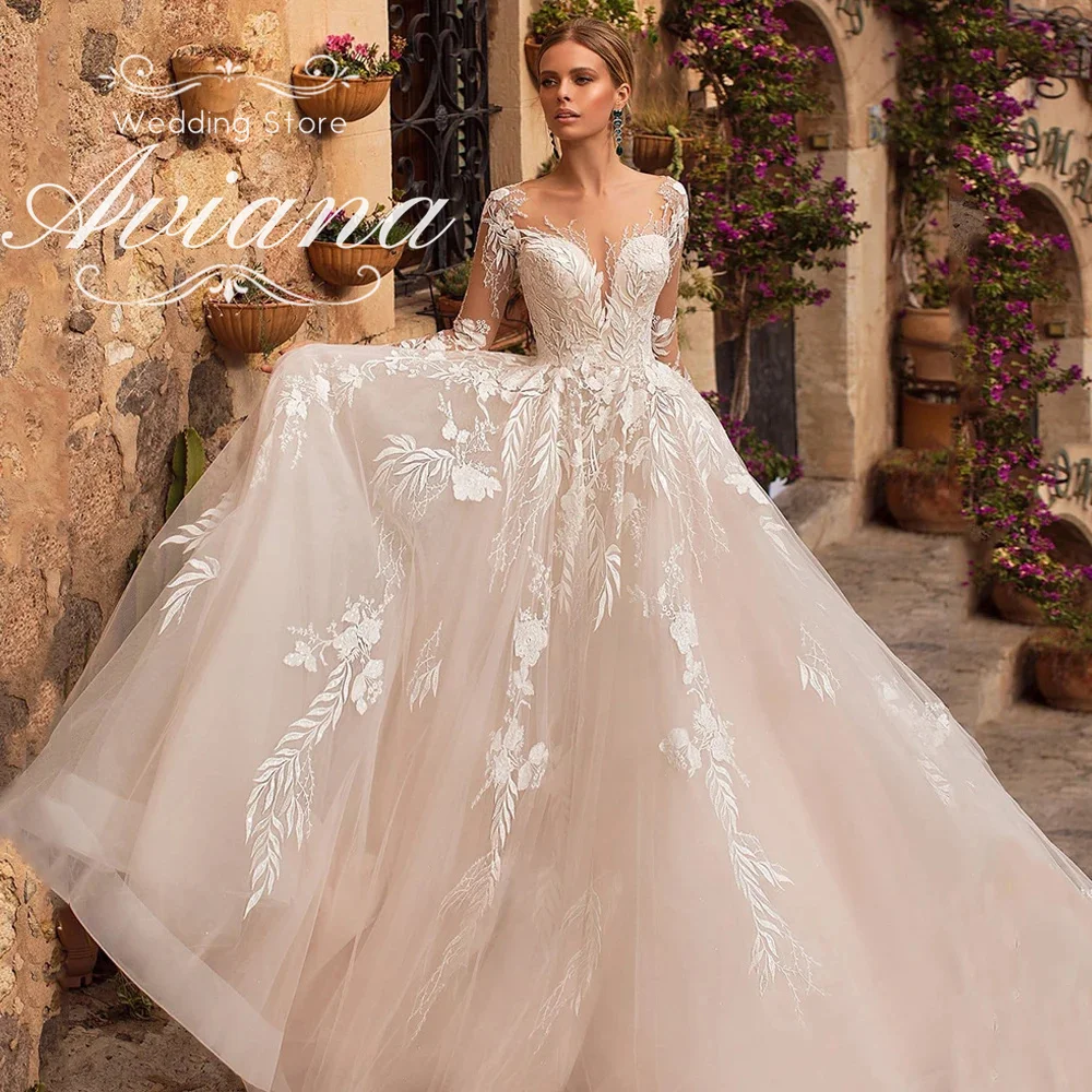 Customized Aviana Sheer Long Sleeves V Neck Floral Lace Embroidered Ball Gown Wedding Dress Open Back Long Train New Design 2025