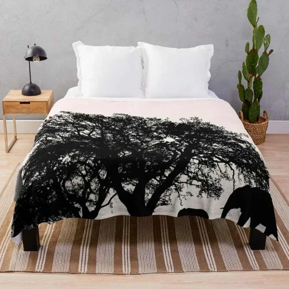 

Mama And Baby Elephant Walking On The Jungle Silhouette Throw Blanket Camping Sofa Quilt Bed Blankets