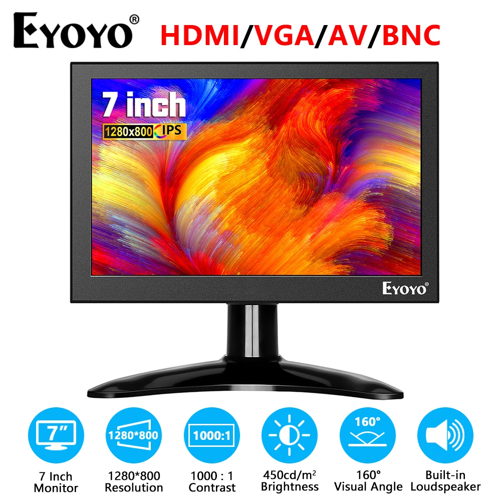 

Eyoyo EM07H 7" Small LCD Monitor HD 1280x800 IPS Screen With HDMI VGA AV BNC Port, Display For Computer DVD CCTV, Metal Housing