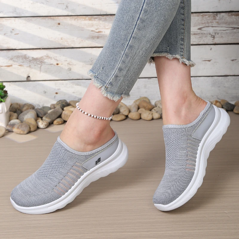 Women's Open Heel Slip-On Shoes, Hollow Vertical Striped Knit Mesh Upper, Wavy Contour Thick Sole Rear Cutout Walking Footwear - view 5