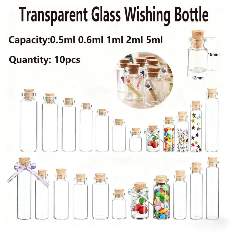 10pcs Mini Glass Wishing Bottles,0.5-5ml Lucky Charm Gift for Wedding, Birthday,Cure Ceremony,Message in a Bottle DIY Craft