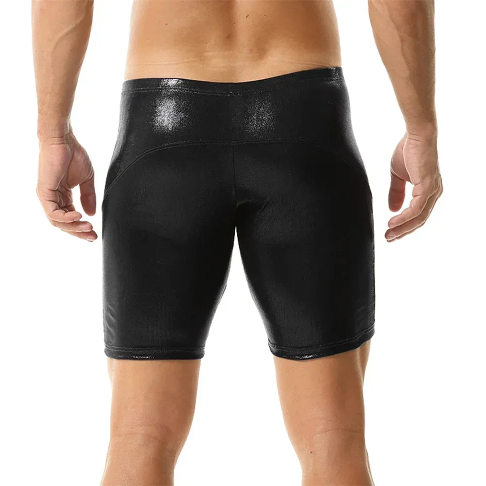 Mens Fashion Casual Slim Solid Color Shorts Sexy Metallic Oil Shiny Trunks Male Stretch Convex Pouch Skinny Short Pants Clubwear