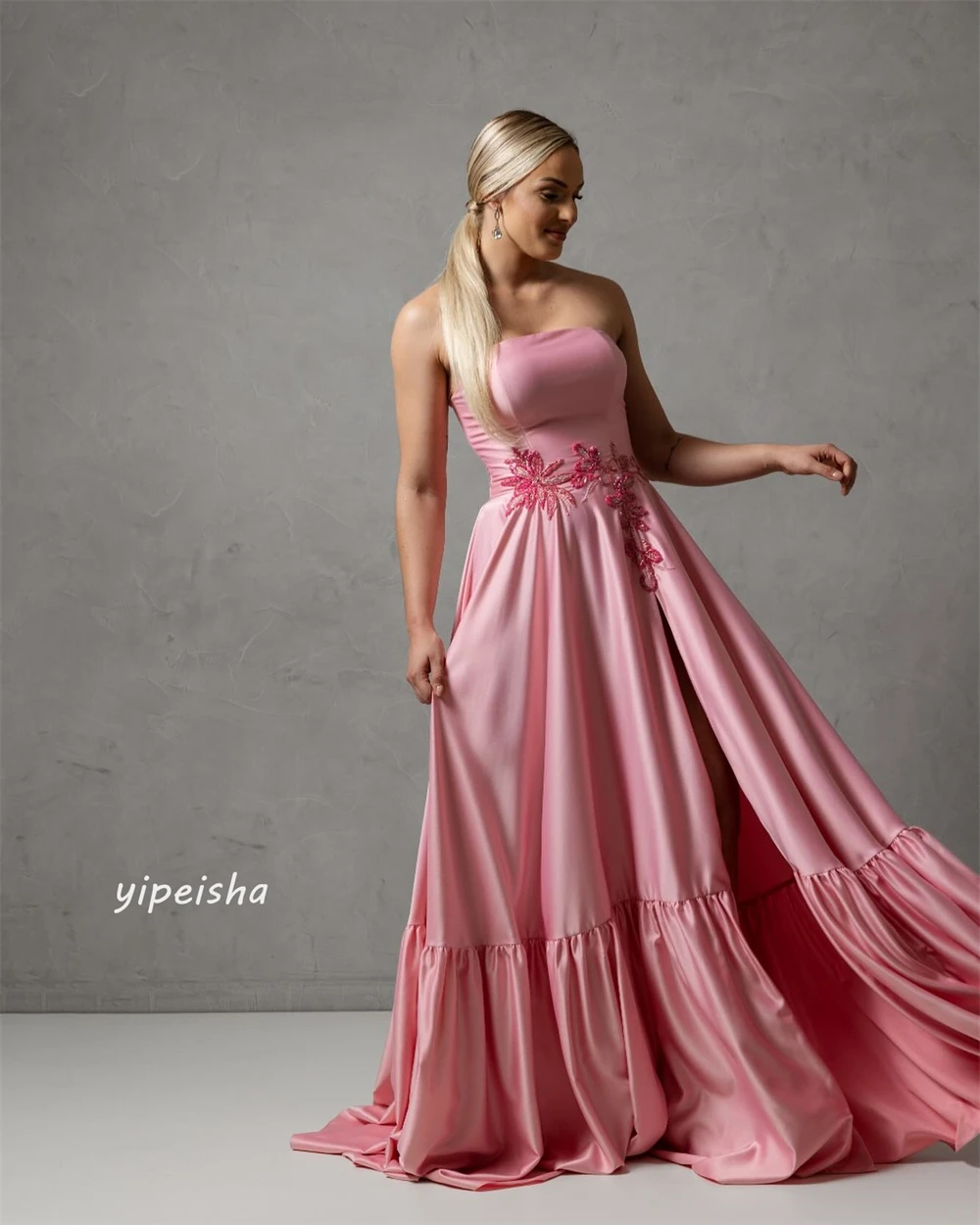 Maßgeschneiderter Abend, sexy, lässig, Satin-Applikation, drapierte Falte, Quinceanera, A-Linie, trägerlos, maßgeschneidertes Anlasskleid, lange Kleider