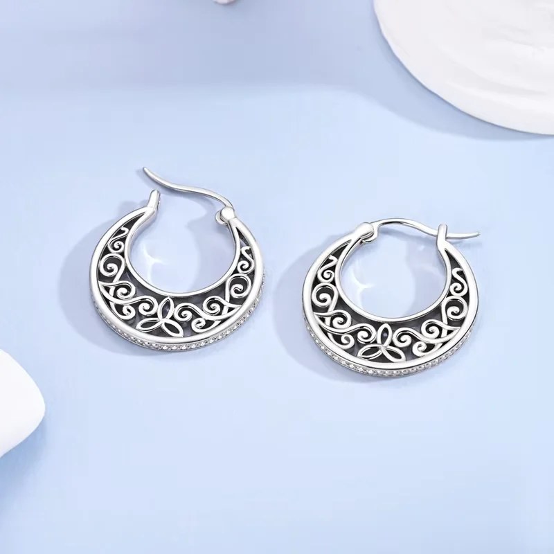 Original 925 Sterling Silver Zircon Loop Big Hoop Earrings For Women Vintage Pattern Elegant Jewelry Gifts