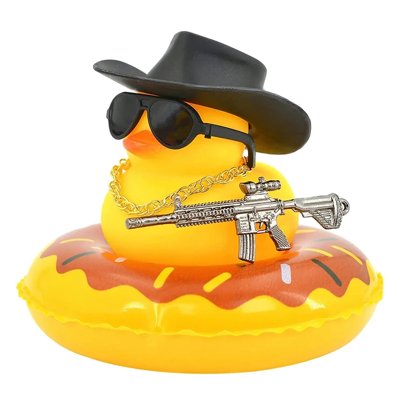 Office Decoration Car Rubber Duck Decoration Dashboard Yellow Duck with Weapon Hat Sunglasses Gold Chain