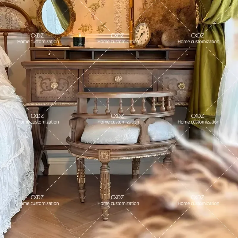 French Retro Solid Wood Carved Flower Dresser Neoclassical Bedroom Makeup Table with Storage Cabinet Light Luxury Style