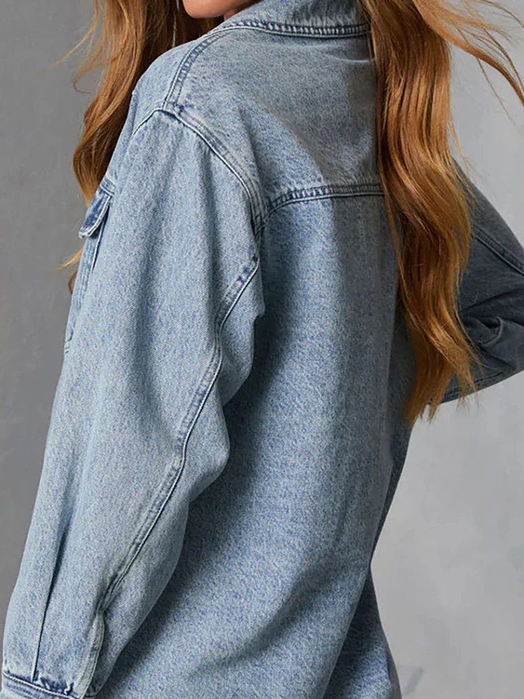 

Элегантные однотонные свободные платья, женское осеннее платье с длинными рукавами и лацканами, новое повседневное однобортное джинсовое платье с карманами