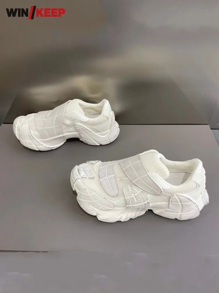 Fashion Mens New Hook Loop Mesh Fabric Patchwork Breathable Versatile Thick Soled Sports Running Shoes Jogging Trainers Sneakers