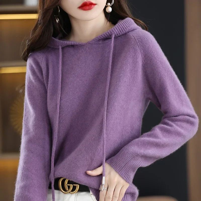 YSZWDBLX Women Pullover Sweater Hooded Jumper Korean Loose Solid Long Sleeve Casual Autumn Winter Thick Warm Knitted Sweaters