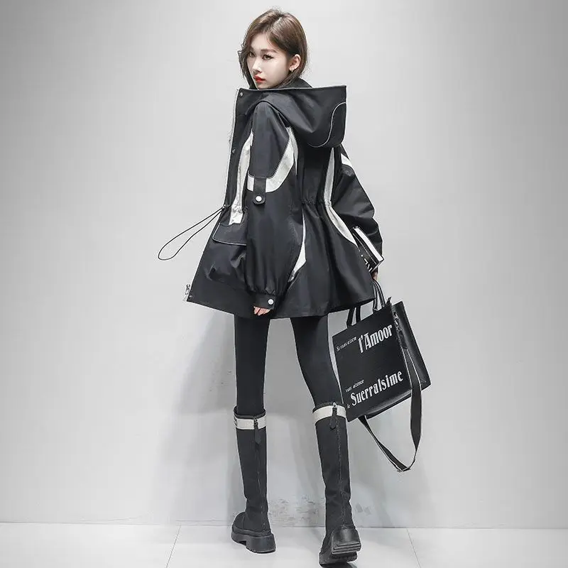 Women's Trench Coat Hooded Jacket Spring Autumn Patchwork Cargo Jacket New Loose Mid-length Drawstring Casual Windbreaker