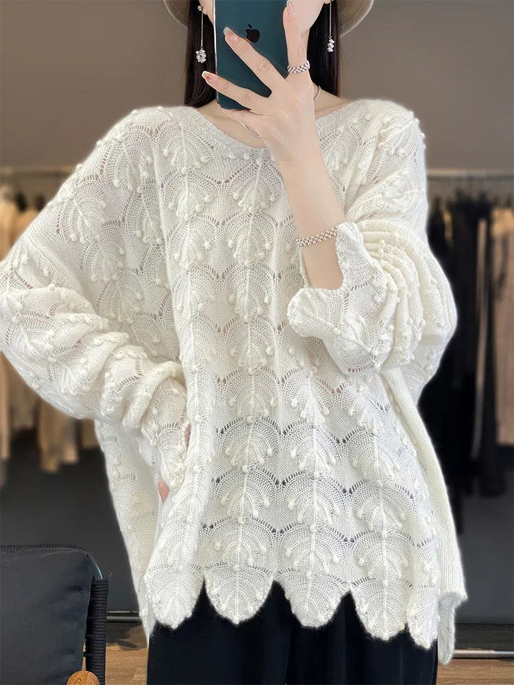 New Fashion 100% Merino Wool Women Sweater Autumn Winter Knitted Pullover Hollow Out Jumper Long Sleeve Cashmere Clothing Tops