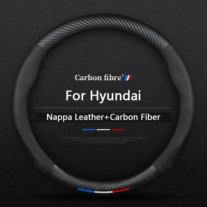 Car Carbon Fibre Leather Steering Wheel Cover For Hyundai i10 i20 i30 i40 ix25 ix35 ix55 Tucson Palisade Santa-fe Sonata Solaris