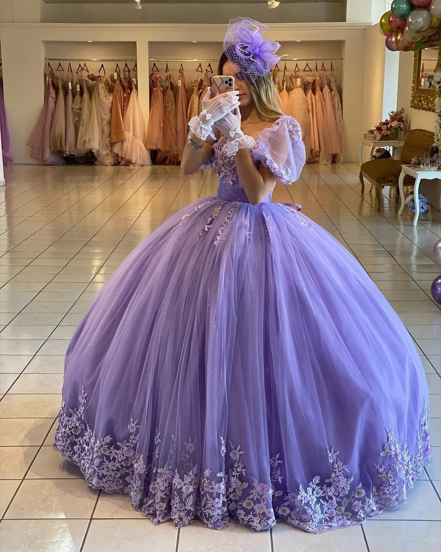 Lavender Princess Quinceanera Dresses Ball Gown Short Sleeves Tulle Appliques Sweet 16 Dresses 15 Años Customized