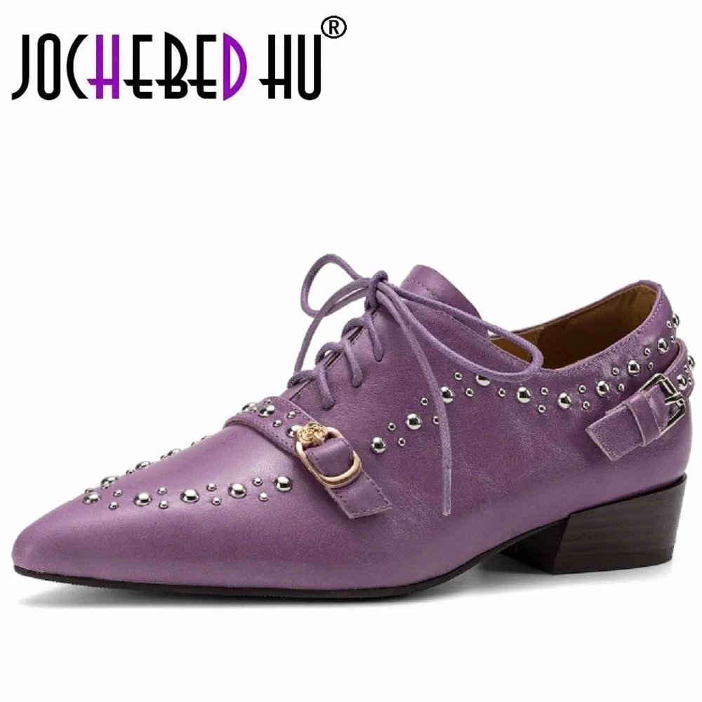 

【JOCHEBED HU】Women's Handmade Genuine Leather with Pointed Toe Mid Heel Casual Office Slip-On Dress Shoes for Girls 33-43
