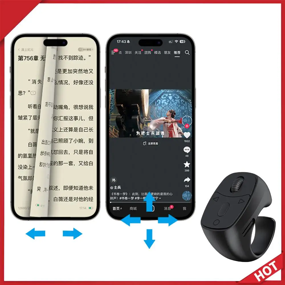BT 5.3 Remote Control Mouse Finger Ring Mouse Scrolling Ring Page Turner for Smartphones Wireless Camera Shutter Selfie Button