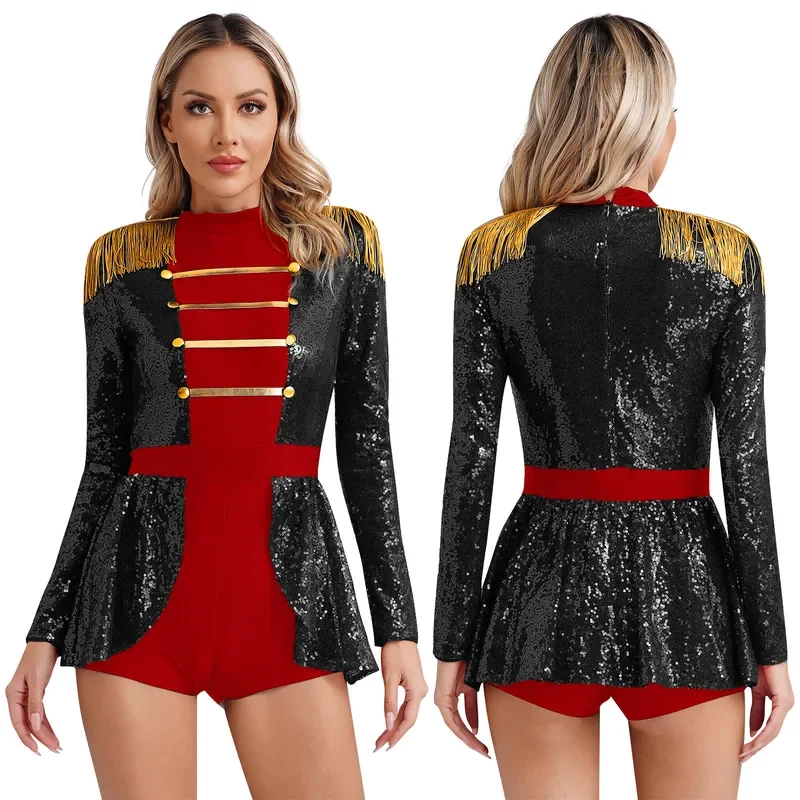 

FC6Women Circus Ringmaster Cosplay Costume Halloween Carnival Them Party Performance Jumpsuit Long Sleeve Sequin Tassel Bod@FC8！