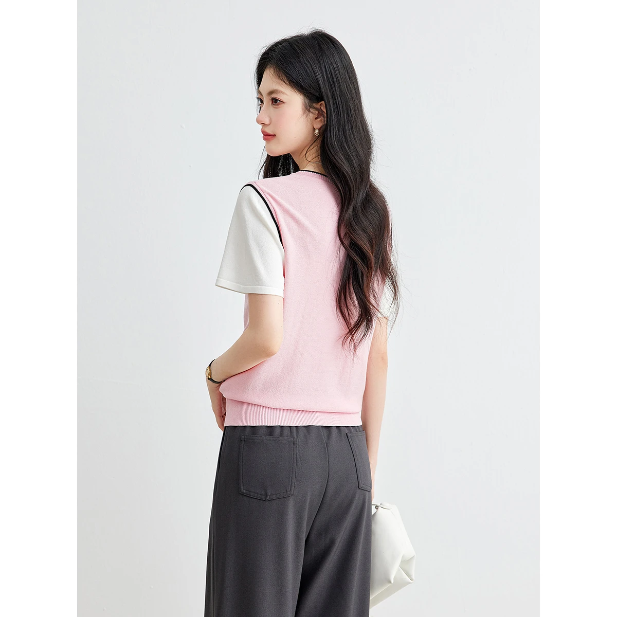 VIMLY Women's Pink Round Neck Knitted T-shirt 2026 Summer New Contrasting Color Splicing Short Sleeve Tee Casual Style 75380