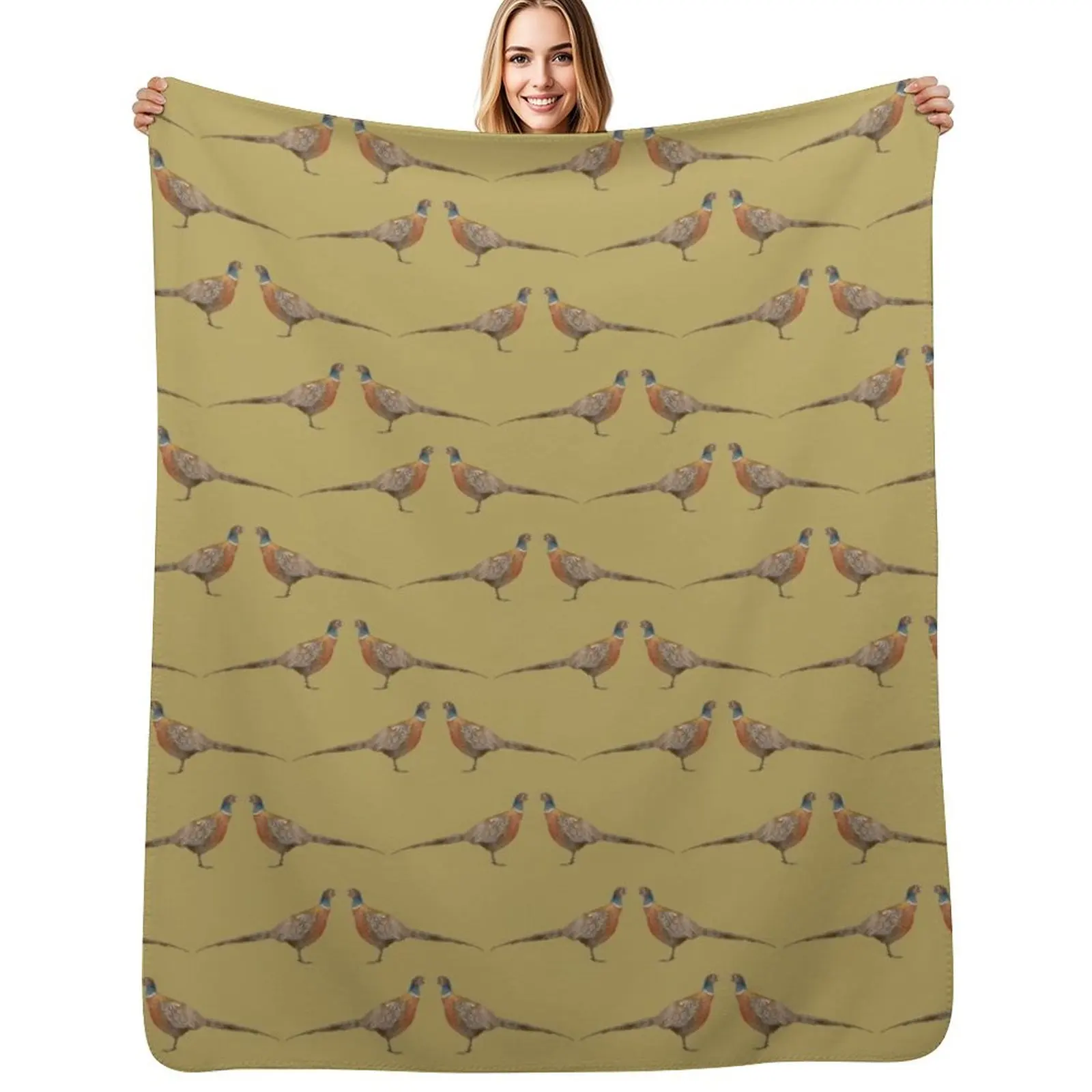 Pheasant Pattern, Mustard Throw Blanket Travel Size Cozy Blanket for Plane Train