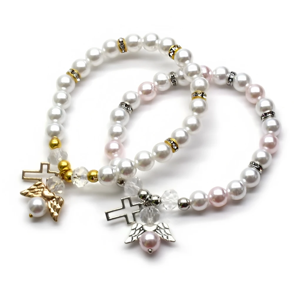 8mm Imitation Pearl Guardian Angel Stretch Bracelet Religious Jewelry Baptism Gift, Adjustable Cross Charm Elastic Beads Chain