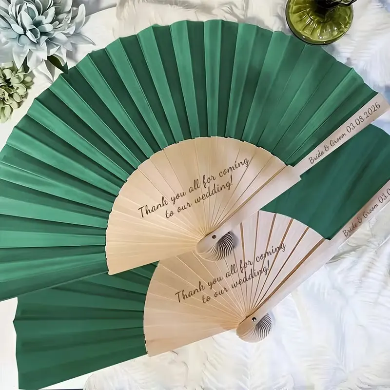 2Pcs/5Pcs/10Pcs/20Pcs/30Pcs Personalized Custom Dark Green Wedding Fans, Engraved Wedding Hand Fans, Custom Wooden Fabric Fans, Party Favors, Guest Gifts, Folding Handheld Fans
